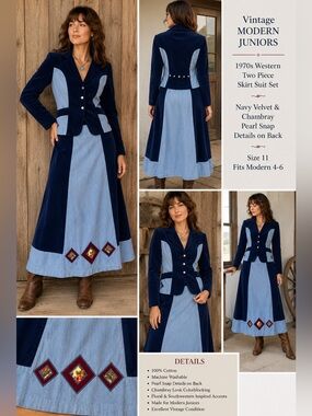 Vintage 70s Modern Juniors Navy Velvet Western Prairie Skirt Suit Set S